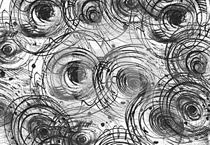 Horizontal black and white background with handdrawn ink circles, hand made in freehand style, dark, imperfect, on textured waterc