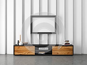 Horizontal black wooden poster frame Mockup hanging above tv console