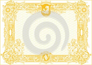 Horizontal blank of a classic certificate with a coat of arms and a monogram with the letters AV. Golden version.