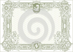 Horizontal blank of a classic certificate with a coat of arms and a monogram with the letters AV. Green version.