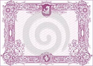 Horizontal blank of a classic certificate with a coat of arms and a monogram with the letters AV. Lilac version.