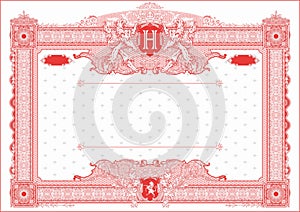 Horizontal blank for creating certificates and diplomas in red colors. With coat of arms and monogram H.