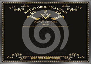 Horizontal blank for creating certificates, diplomas or securities, with Masonic symbols. Golden elements on a black background.