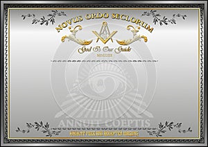 Horizontal blank for creating certificates, diplomas or securities, with Masonic symbols. Golden elements on a black and white bac