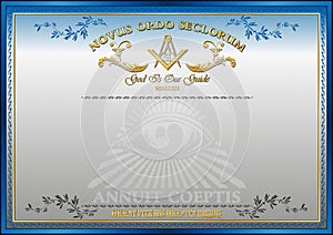 Horizontal blank for creating certificates, diplomas or securities, with Masonic symbols. Golden elements on a blue and white back