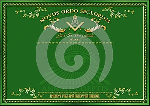 Horizontal blank for creating certificates, diplomas or securities, with Masonic symbols. Golden elements on a green background.