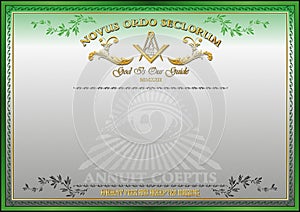Horizontal blank for creating certificates, diplomas or securities, with Masonic symbols. Golden elements on a green and white bac