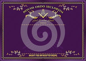 Horizontal blank for creating certificates, diplomas or securities, with Masonic symbols. Golden elements on a lilac background.