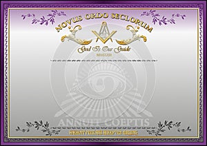 Horizontal blank for creating certificates, diplomas or securities, with Masonic symbols. Golden elements on a lilac-white backgro