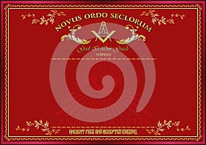 Horizontal blank for creating certificates, diplomas or securities, with Masonic symbols. Golden elements on a red background.