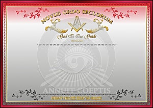 Horizontal blank for creating certificates, diplomas or securities, with Masonic symbols. Golden elements on a red and white backg