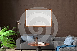 Horizontal blank poster mock up on brown wall in interior of contemporary living room