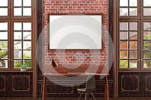 Horizontal blank poster mockup on red brick wall in interior of living room