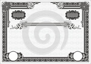 Horizontal blank with two seals to create a certificate, diploma and other securities. Black.