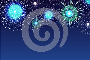 Horizontal blue background with fireworks displaying in dark evening sky. Backdrop decorated with glittering lights