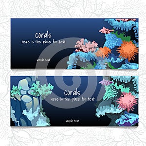 Horizontal blue card with corals and coelenterates