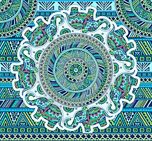 Horizontal blue pattern with elephants and ethnic elements