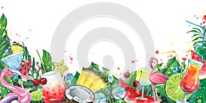 Horizontal board with tropical, beach cocktails, fruits, berries and palm leaves. Bright, juicy, watercolor illustration