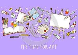 Horizontal border with art supplies on purple background - easel, paints, watercolor, palette, sketchbooks, brushes, drawing