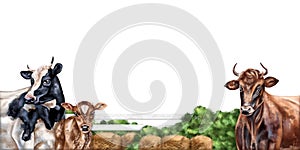 Horizontal border with a composition of cow, bull and calf. Farm animals grazing among bushes and haystacks. Digital illustration