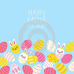 Horizontal border with cute decorated eggs  - cartoon greeting card for happy Easter design