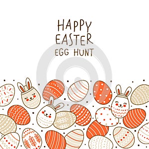 Horizontal border with cute decorated eggs isolated on white - cartoon greeting card for happy Easter design