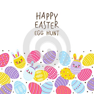 Horizontal border with cute decorated eggs isolated on white - cartoon greeting card for happy Easter design