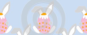 Horizontal border with pink easter egg and bunnies