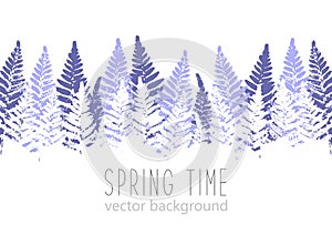 Horizontal border with purple fern leaves paint prints isolated on white background
