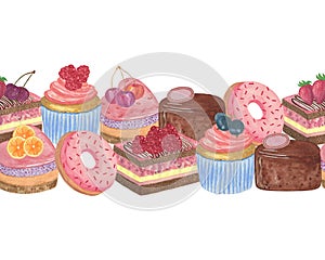 A horizontal border, repeat pattern of watercolor sweet desserts on the white background