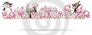 Horizontal border with sakura pink flowers and swallow or martlet bird. Spring frame for design with cherry tree flower