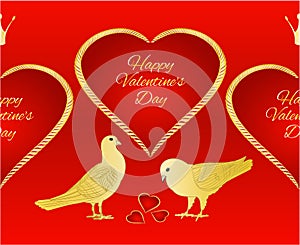 Horizontal border seamless background golden  Pigeons birds and hearts valentines place for text red background vintage vector