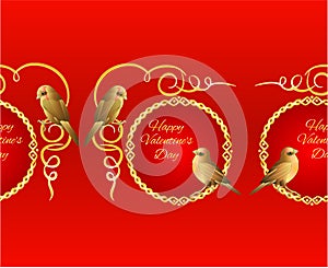 Horizontal border seamless background little golden birds and ornamets  valentines place for text red background vintage vector