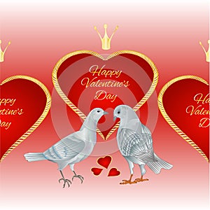 Horizontal border seamless background white pigeons  birds and hearts  place for text valentines red background vintage vector ill