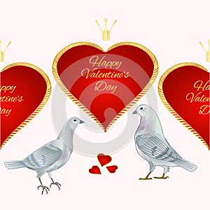 Horizontal border seamless background white  Pigeons birds and hearts valentines place for text pink background vintage vector