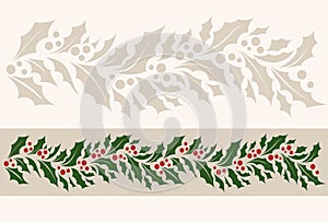 Horizontal border seamless pattern with Christmas holly