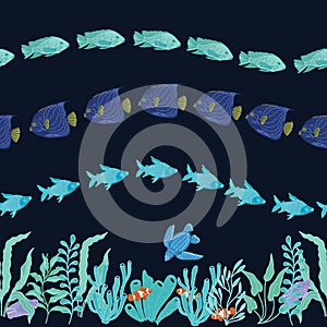 Horizontal border seamless Vector pattern with water plants, horziontal swimming fish in wave line isolated on blackblue