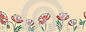 Horizontal botanical seamless pattern of abstract flowers and leaves. Sketchy drawing of black outlines and red-pink strokes