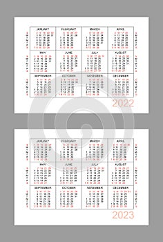 Horizontal calendar for 2 years - 2022, 2023. Simple calendar grid isolated on a white background, Sunday to Monday, business