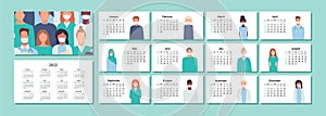 Horizontal calendar 2022. Doctors and nurses. Happy New Year. Desk table pocket calendar with medical staff in masks