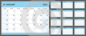 Horizontal calendar for 2022 year, 1 month on each page. Simple calendar grid isolated on a white background, Sunday to Monday,