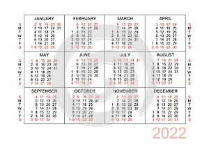Horizontal calendar for 2022 year. Simple calendar grid isolated on a white background, Sunday to Monday, business template.