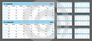 Horizontal calendar for 2022 years, 2 months on 1 page. Simple calendar grid isolated on a white background, Sunday to Monday,