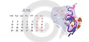 Horizontal calendar for 2024 for month of June with Chinese dragon. Monthly vector illustration