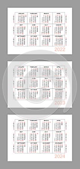 Horizontal calendar for 3 years - 2022, 2023, 2024. Simple calendar grid isolated on a white background, Sunday to Monday,