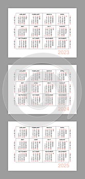 Horizontal calendar for 3 years - 2023, 2024, 2025. Simple calendar grid isolated on a white background, Sunday to Monday,