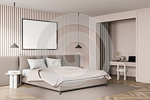 Horizontal canvas in beige bedroom with niche desk. Corner view