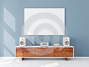 Horizontal canvas Mockup hanging on the Blue wall, hi fi micro system on bureau