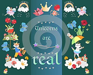Horizontal card with text `Unicorns are real`. Little fox and kitty with horns, magic umbrellas, buildings, clouds, rainbow, heart