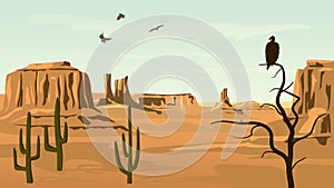 Horizontal cartoon illustration of prairie wild west.